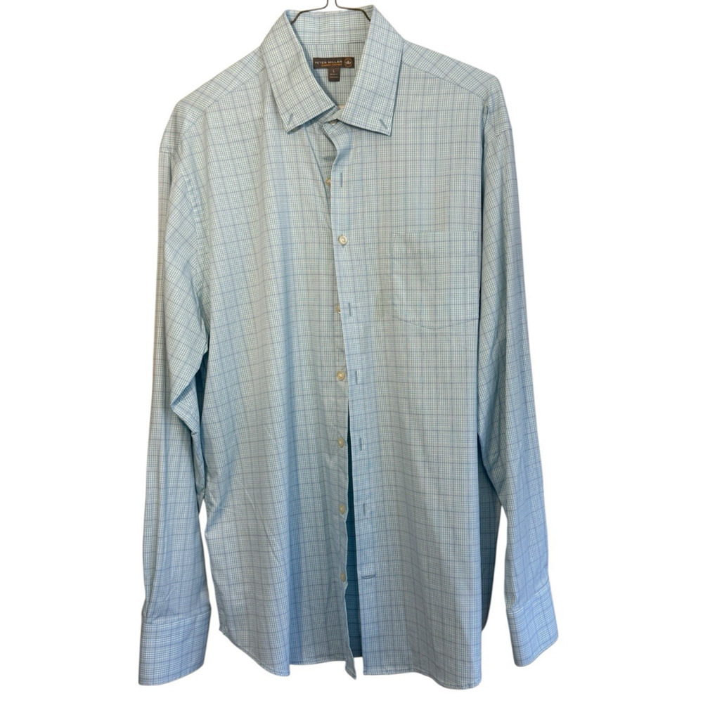 Peter Millar Summer Comfort Men's L Long Sleeve Turquoise Plaid Button Up Shirt